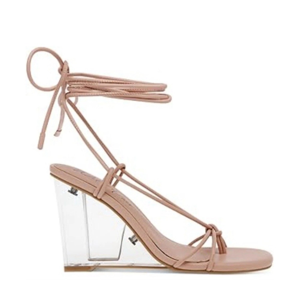 Wild Pair Santeago Strappy Wedge Heels Size 9 Pink Mauve Clear Heel Sandal NIB